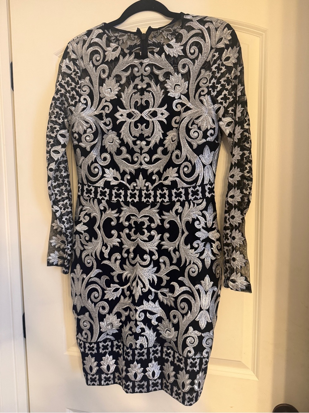 Nicole Miller Black Dress with Silver Embroidery - Long Sleeve